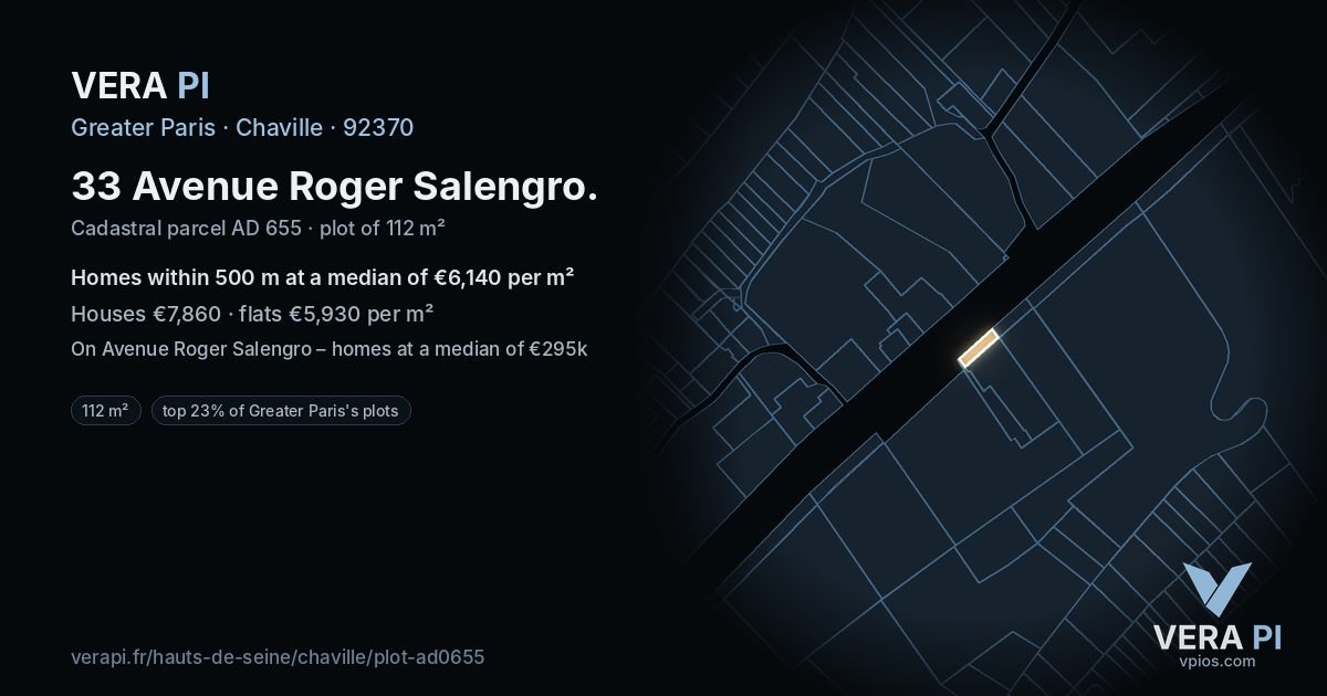 33 Avenue Roger Salengro, Chaville at night – the plot lit, the parcels around coloured by the prices near them