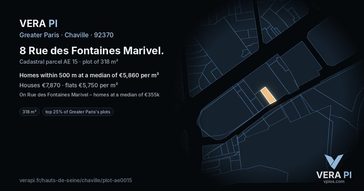 8 Rue des Fontaines Marivel, Chaville at night – the plot lit, the parcels around coloured by the prices near them