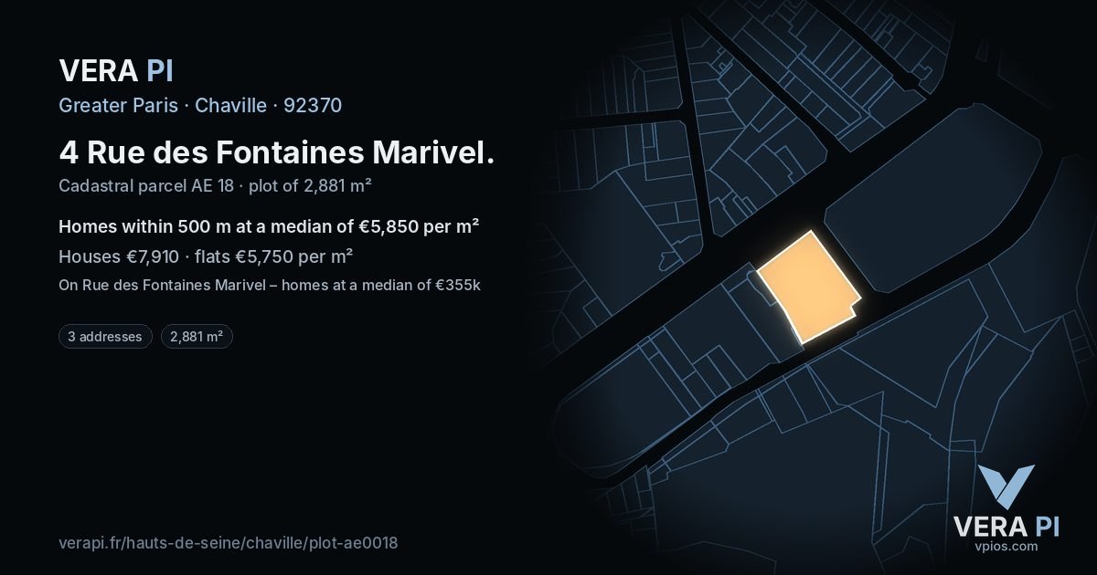 4 Rue des Fontaines Marivel, Chaville at night – the plot lit, the parcels around coloured by the prices near them