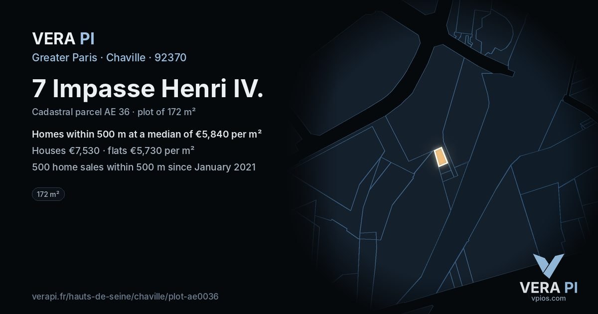 7 Impasse Henri IV, Chaville at night – the plot lit, the parcels around coloured by the prices near them