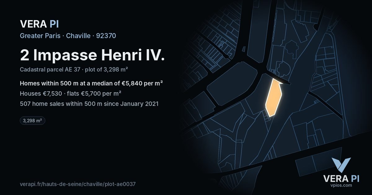 2 Impasse Henri IV, Chaville at night – the plot lit, the parcels around coloured by the prices near them