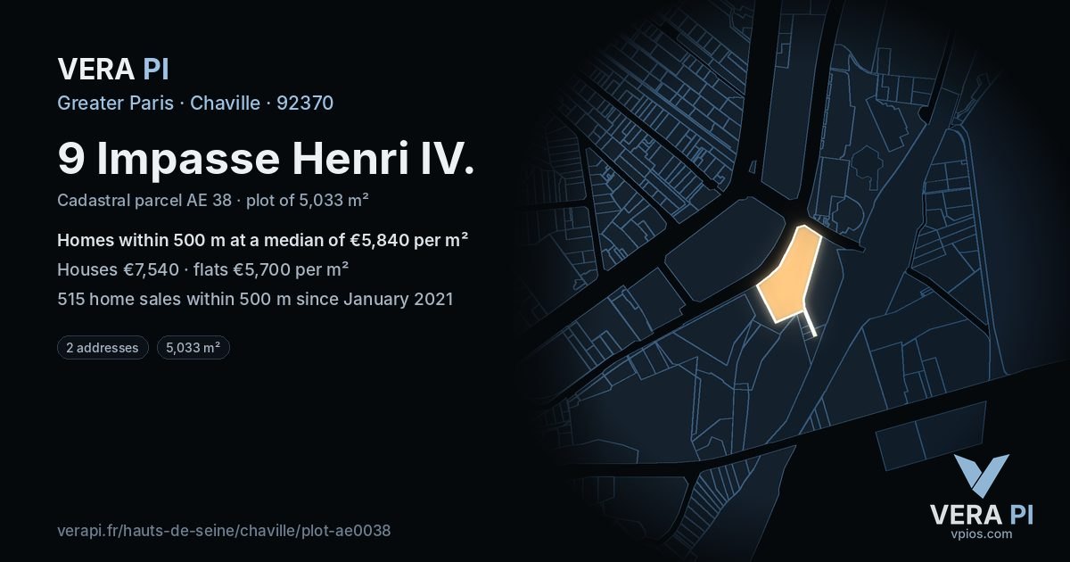 9 Impasse Henri IV, Chaville at night – the plot lit, the parcels around coloured by the prices near them