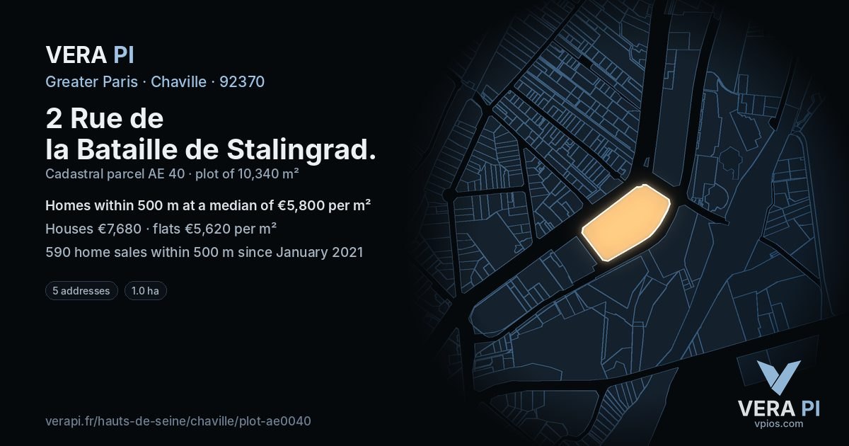 2 Rue de la Bataille de Stalingrad, Chaville at night – the plot lit, the parcels around coloured by the prices near them
