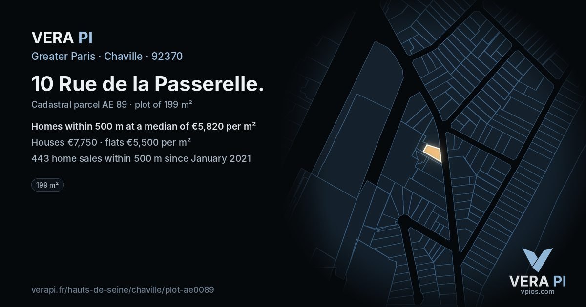 10 Rue de la Passerelle, Chaville at night – the plot lit, the parcels around coloured by the prices near them