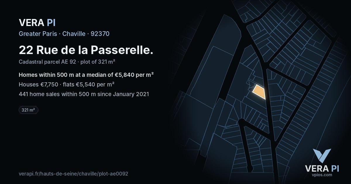 22 Rue de la Passerelle, Chaville at night – the plot lit, the parcels around coloured by the prices near them