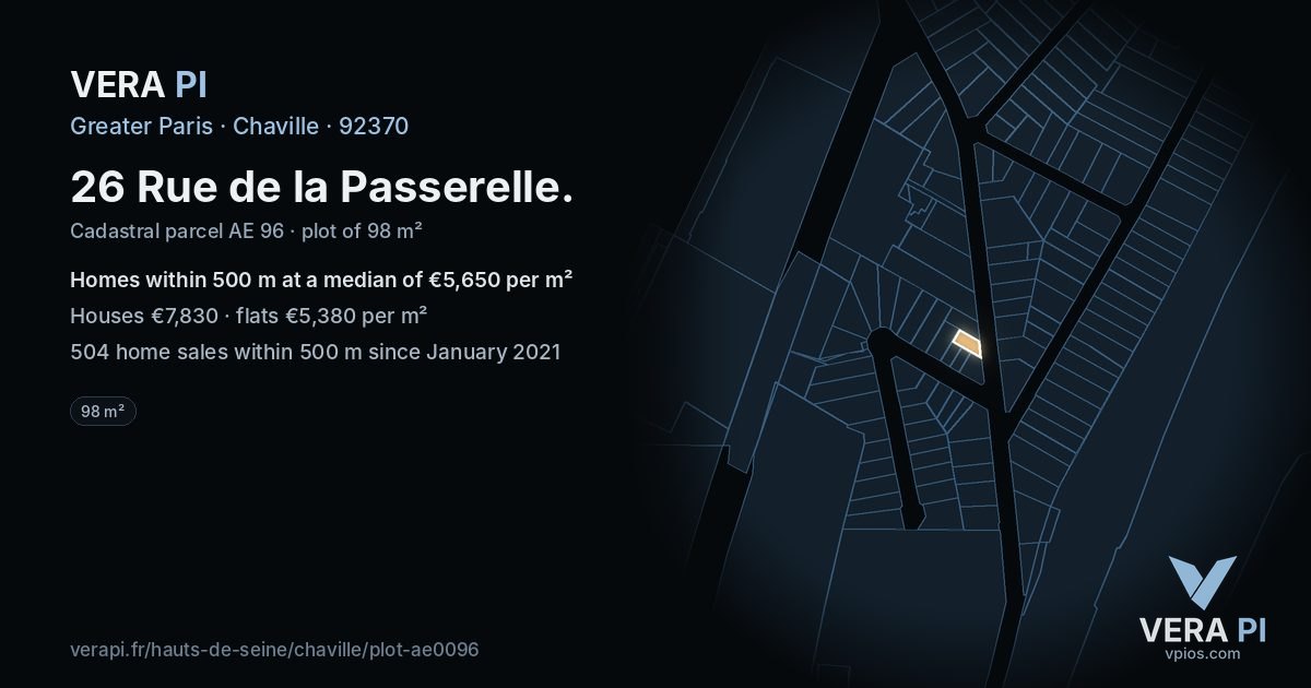 26 Rue de la Passerelle, Chaville at night – the plot lit, the parcels around coloured by the prices near them
