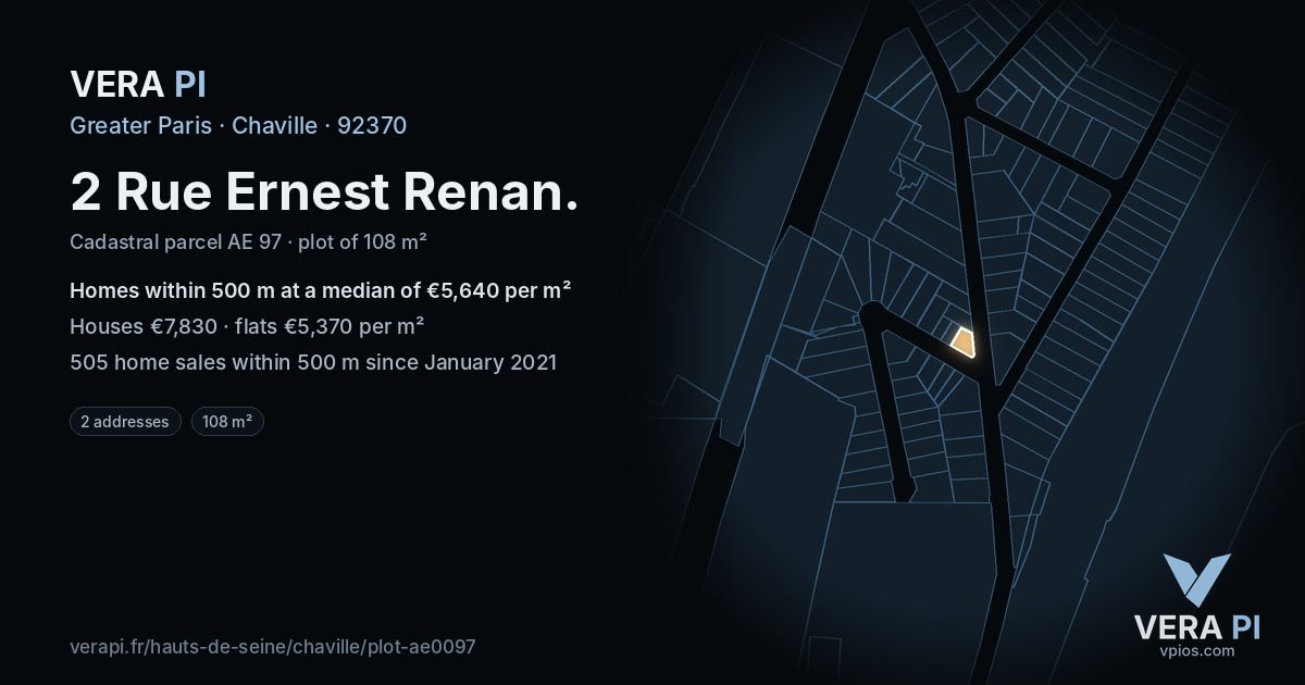 2 Rue Ernest Renan, Chaville at night – the plot lit, the parcels around coloured by the prices near them