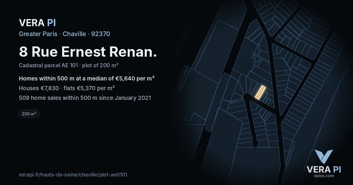 8 Rue Ernest Renan, Chaville at night – the plot lit, the parcels around coloured by the prices near them