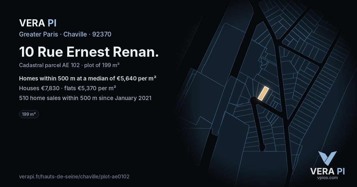 10 Rue Ernest Renan, Chaville at night – the plot lit, the parcels around coloured by the prices near them