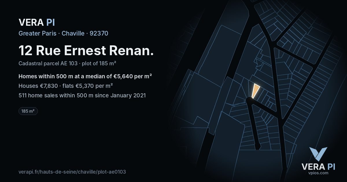 12 Rue Ernest Renan, Chaville at night – the plot lit, the parcels around coloured by the prices near them