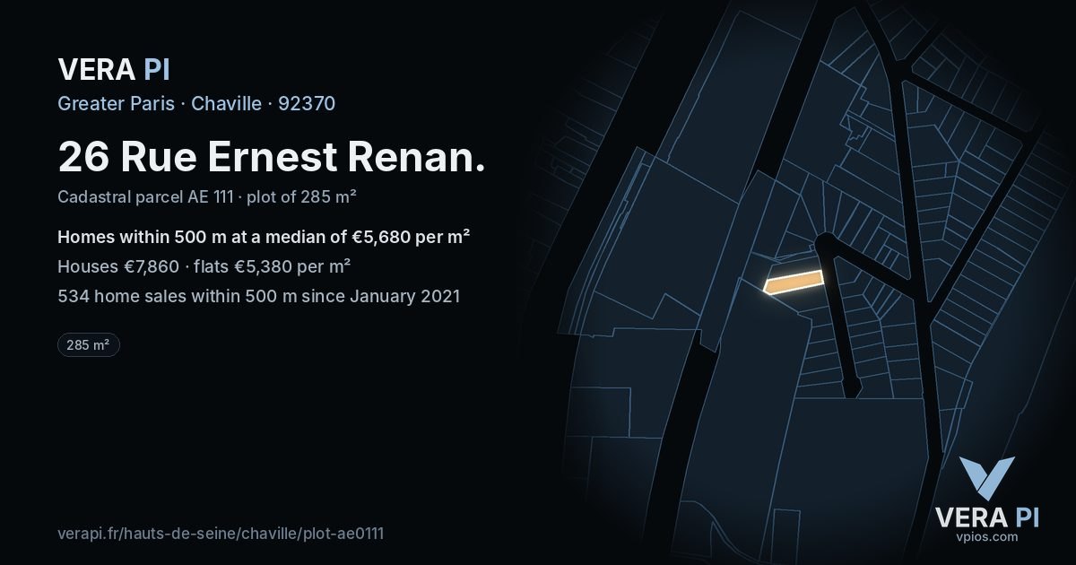 26 Rue Ernest Renan, Chaville at night – the plot lit, the parcels around coloured by the prices near them