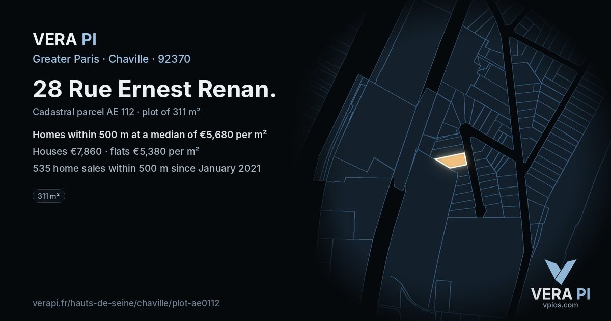 28 Rue Ernest Renan, Chaville at night – the plot lit, the parcels around coloured by the prices near them
