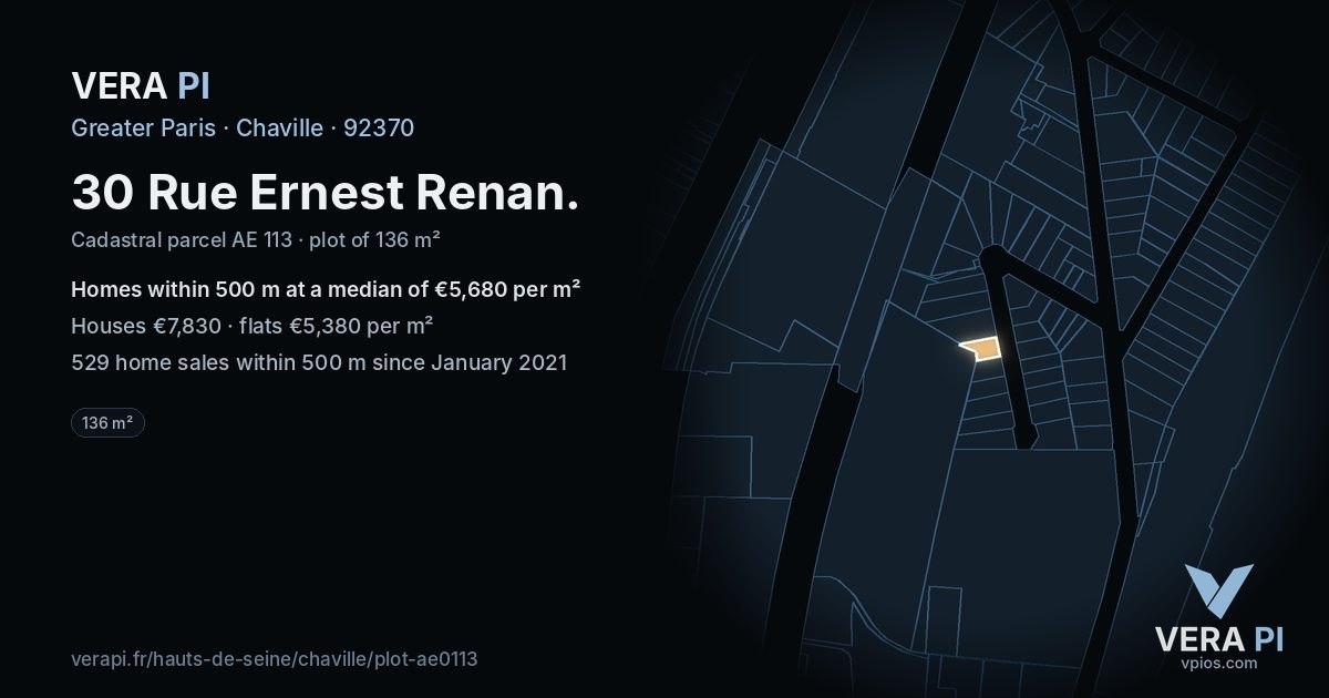 30 Rue Ernest Renan, Chaville at night – the plot lit, the parcels around coloured by the prices near them
