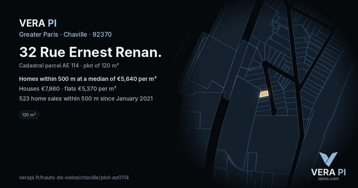 32 Rue Ernest Renan, Chaville at night – the plot lit, the parcels around coloured by the prices near them