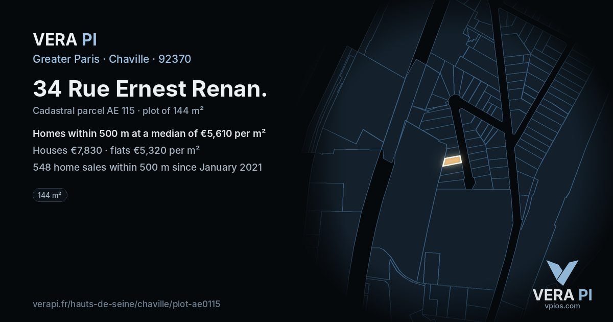 34 Rue Ernest Renan, Chaville at night – the plot lit, the parcels around coloured by the prices near them