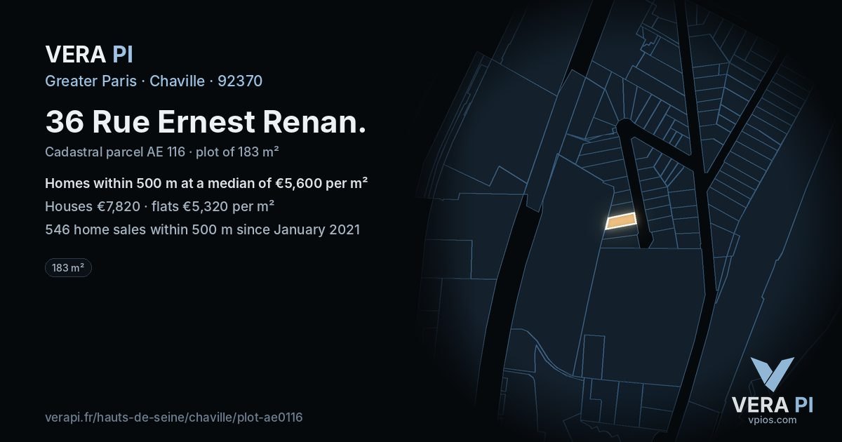 36 Rue Ernest Renan, Chaville at night – the plot lit, the parcels around coloured by the prices near them