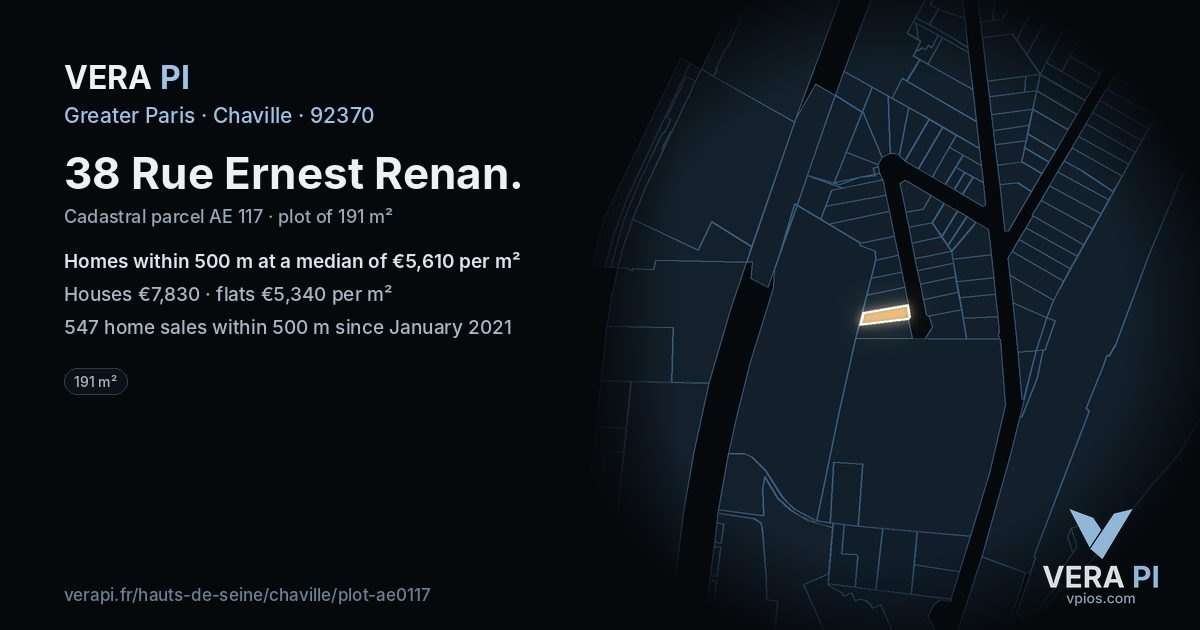 38 Rue Ernest Renan, Chaville at night – the plot lit, the parcels around coloured by the prices near them