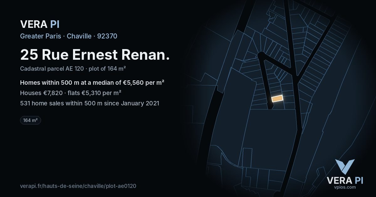 25 Rue Ernest Renan, Chaville at night – the plot lit, the parcels around coloured by the prices near them