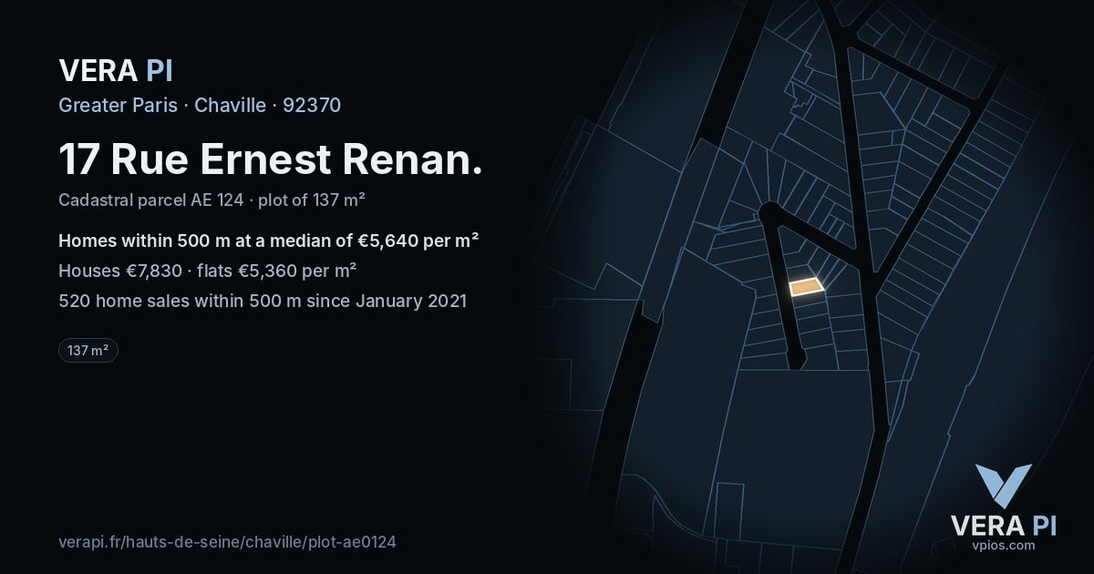 17 Rue Ernest Renan, Chaville at night – the plot lit, the parcels around coloured by the prices near them
