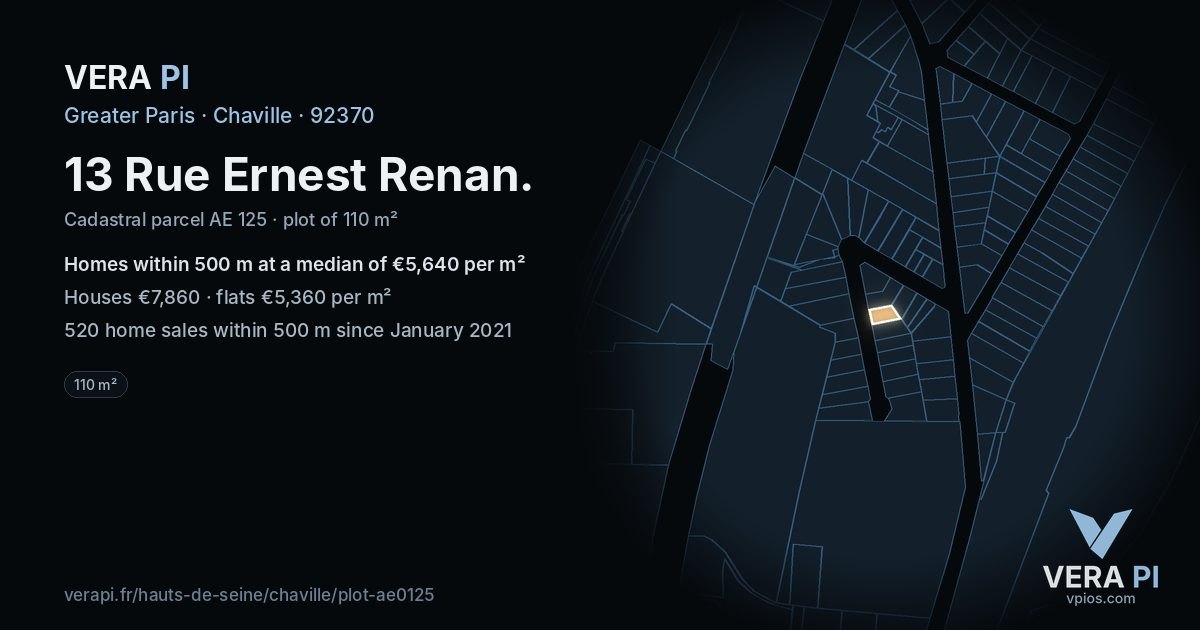 13 Rue Ernest Renan, Chaville at night – the plot lit, the parcels around coloured by the prices near them