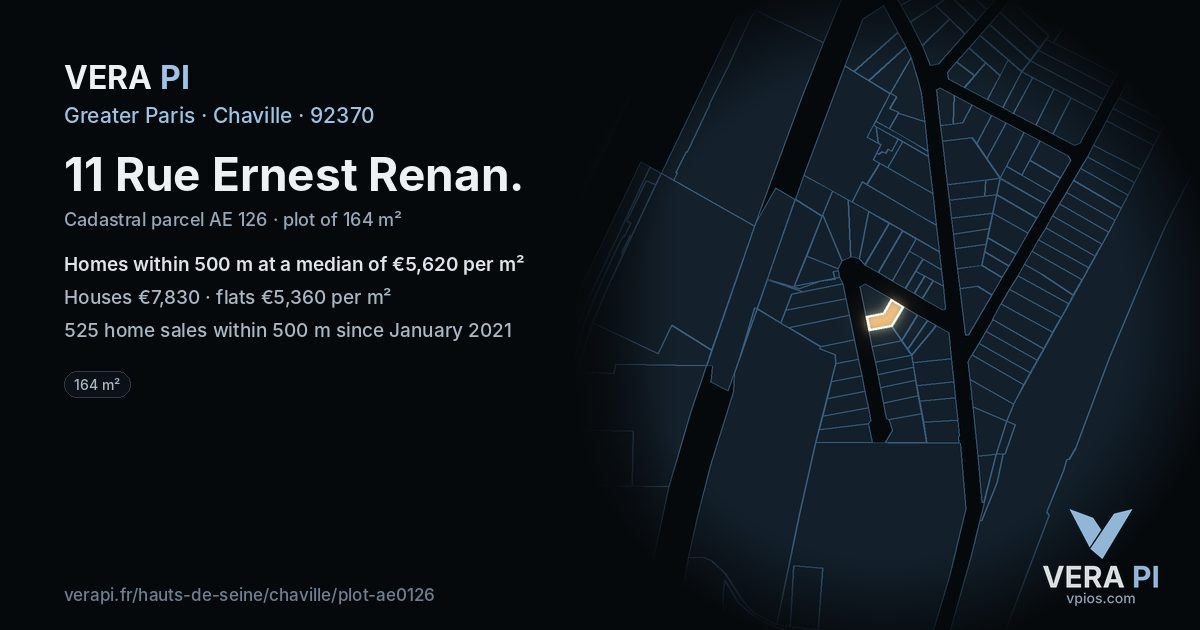 11 Rue Ernest Renan, Chaville at night – the plot lit, the parcels around coloured by the prices near them