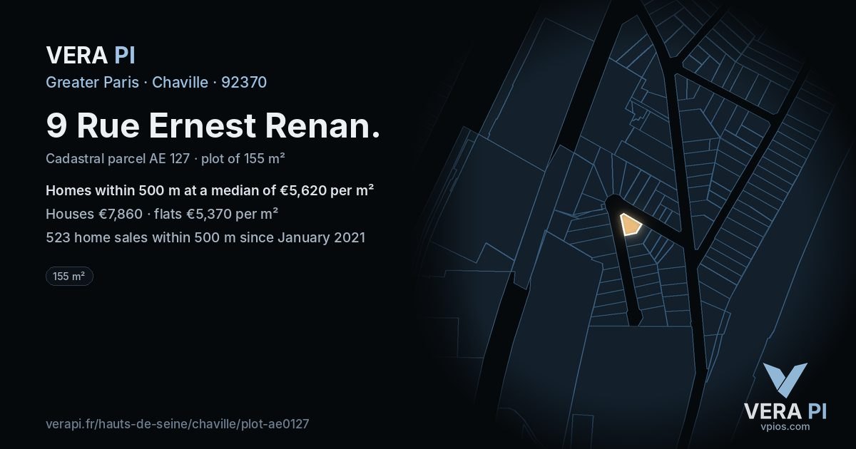 9 Rue Ernest Renan, Chaville at night – the plot lit, the parcels around coloured by the prices near them