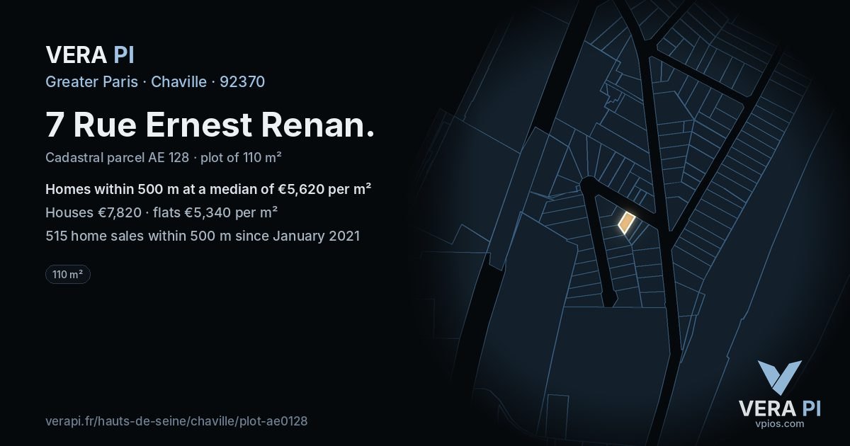 7 Rue Ernest Renan, Chaville at night – the plot lit, the parcels around coloured by the prices near them