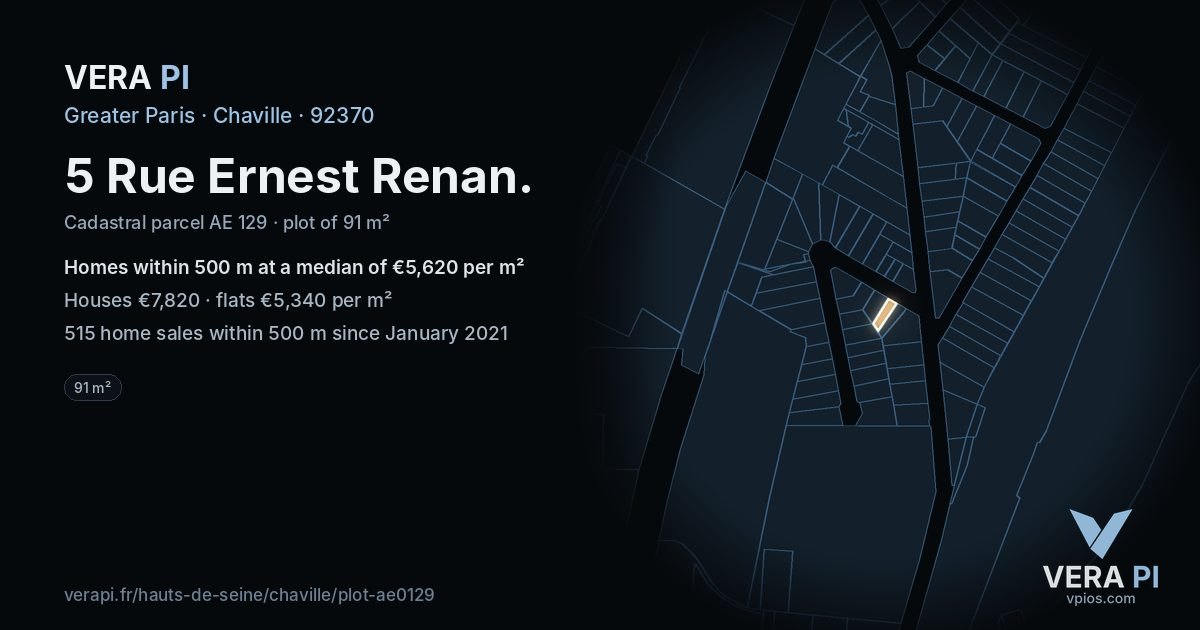 5 Rue Ernest Renan, Chaville at night – the plot lit, the parcels around coloured by the prices near them