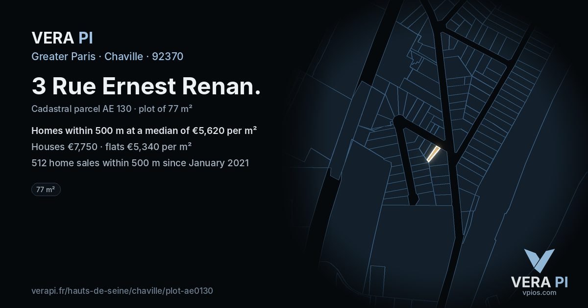 3 Rue Ernest Renan, Chaville at night – the plot lit, the parcels around coloured by the prices near them