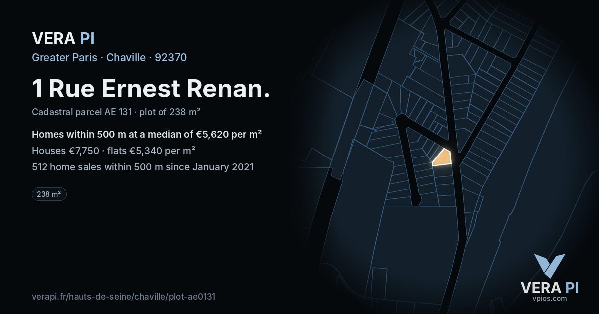 1 Rue Ernest Renan, Chaville at night – the plot lit, the parcels around coloured by the prices near them