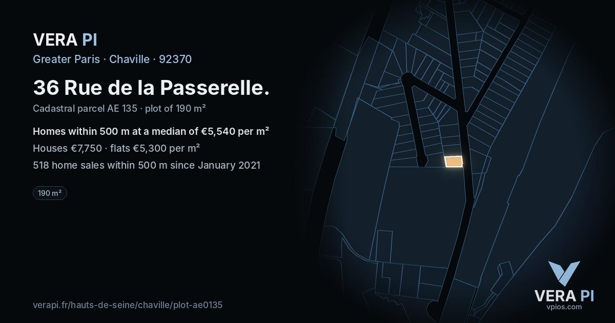 36 Rue de la Passerelle, Chaville at night – the plot lit, the parcels around coloured by the prices near them