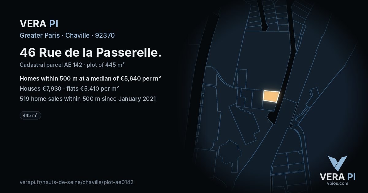 46 Rue de la Passerelle, Chaville at night – the plot lit, the parcels around coloured by the prices near them