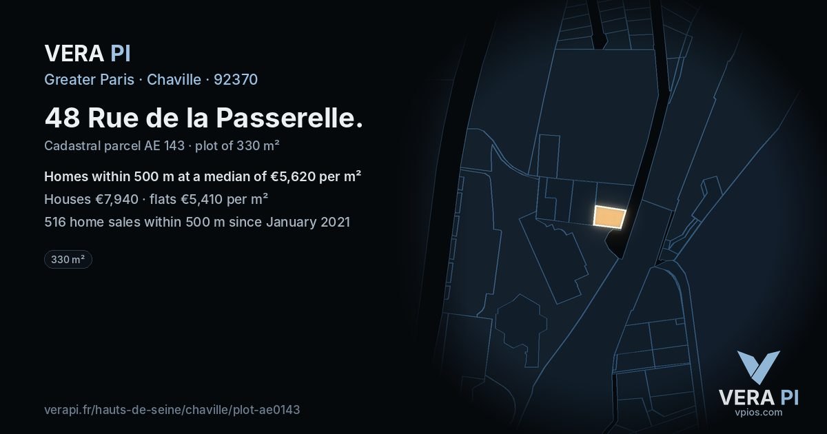48 Rue de la Passerelle, Chaville at night – the plot lit, the parcels around coloured by the prices near them