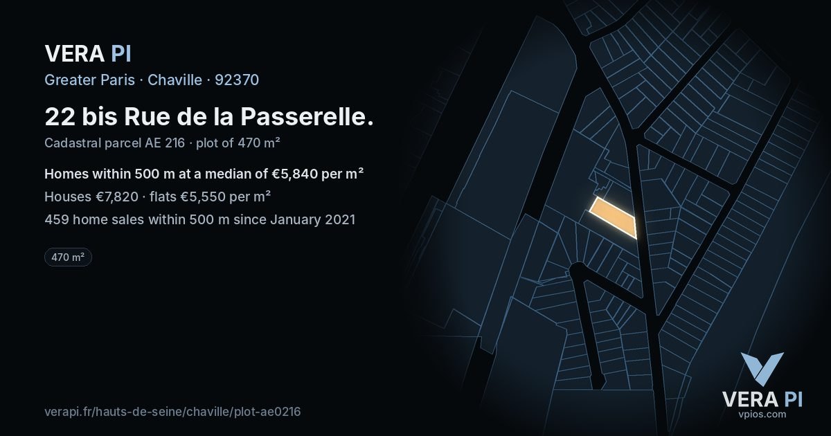 22 bis Rue de la Passerelle, Chaville at night – the plot lit, the parcels around coloured by the prices near them
