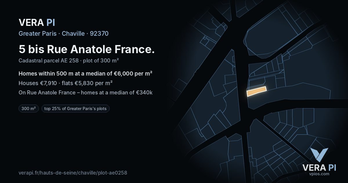 5 bis Rue Anatole France, Chaville at night – the plot lit, the parcels around coloured by the prices near them