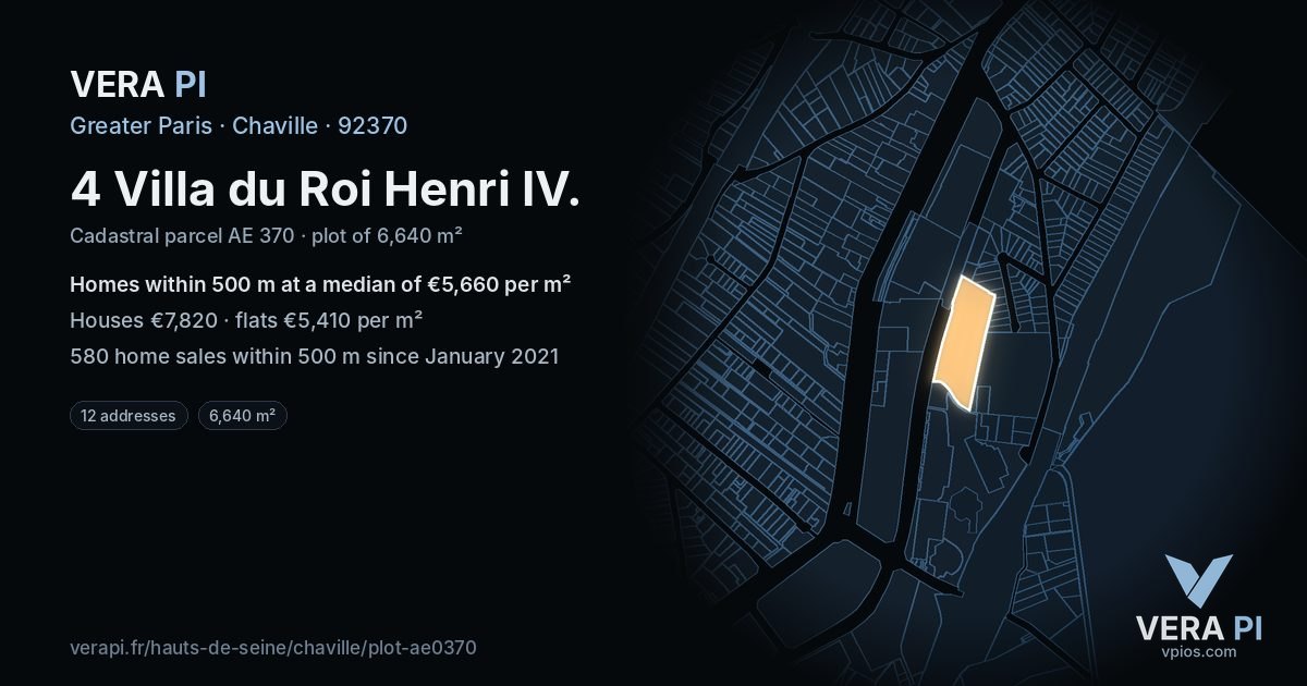 4 Villa du Roi Henri IV, Chaville at night – the plot lit, the parcels around coloured by the prices near them