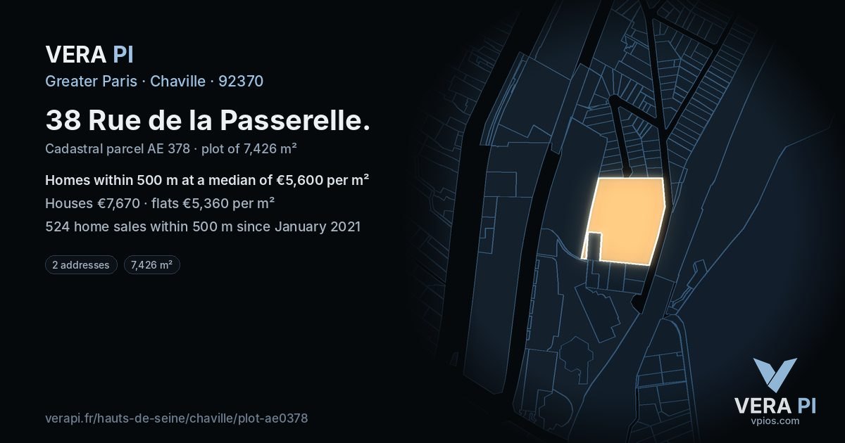 38 Rue de la Passerelle, Chaville at night – the plot lit, the parcels around coloured by the prices near them