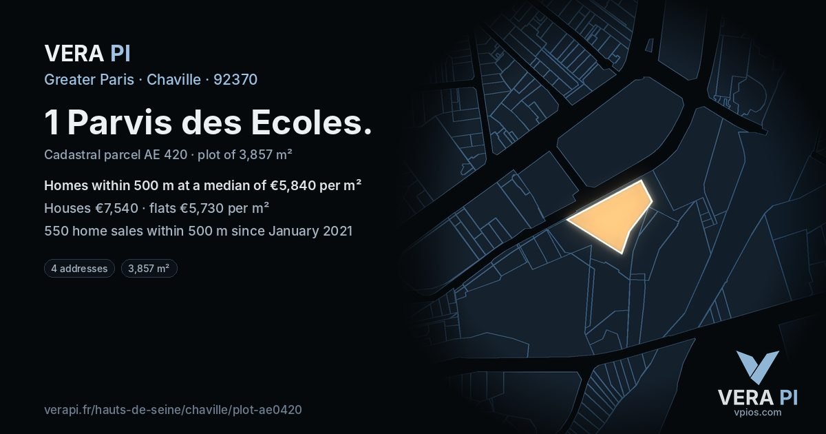 1 Parvis des Ecoles, Chaville at night – the plot lit, the parcels around coloured by the prices near them