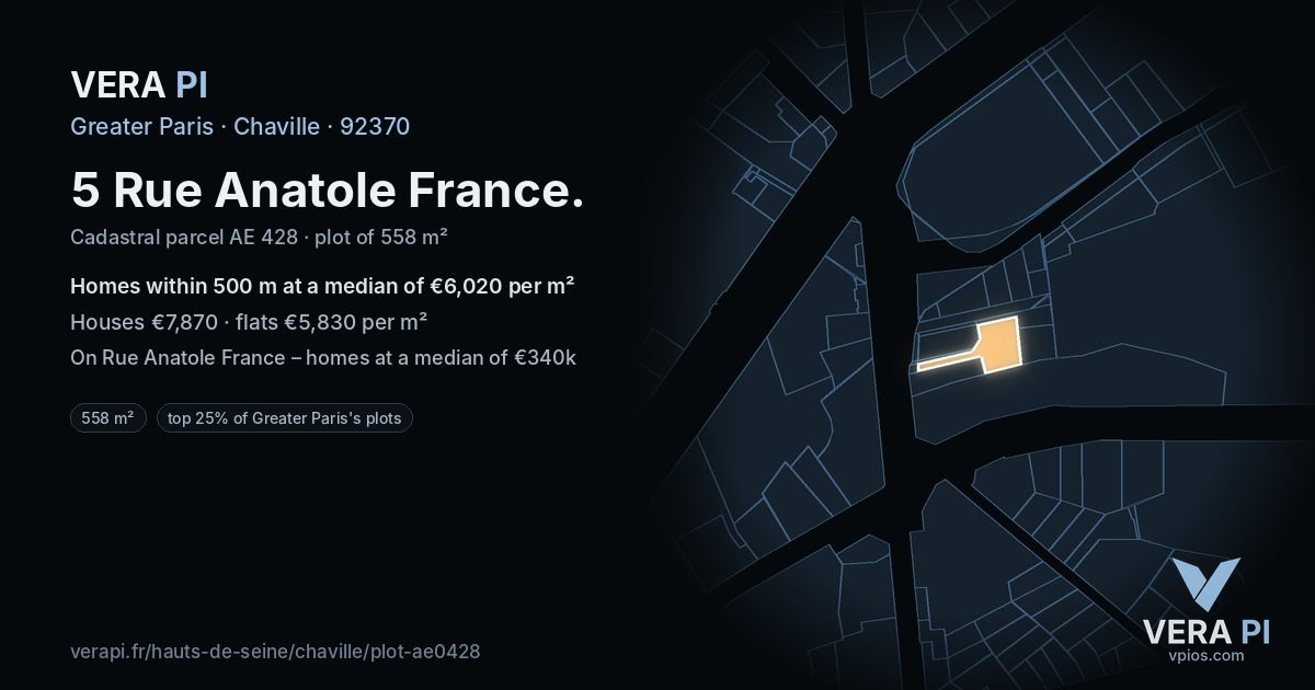 5 Rue Anatole France, Chaville at night – the plot lit, the parcels around coloured by the prices near them