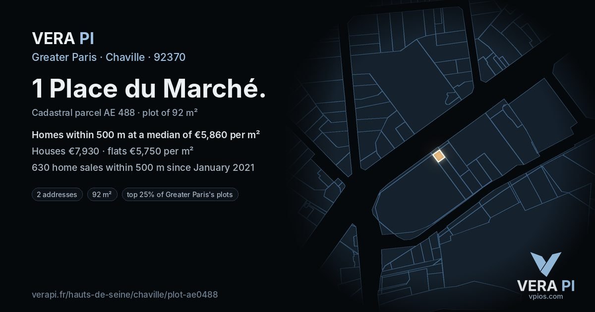 1 Place du Marché, Chaville at night – the plot lit, the parcels around coloured by the prices near them