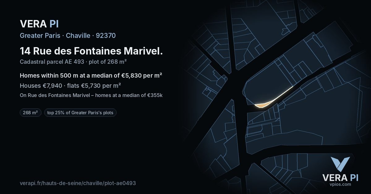 14 Rue des Fontaines Marivel, Chaville at night – the plot lit, the parcels around coloured by the prices near them