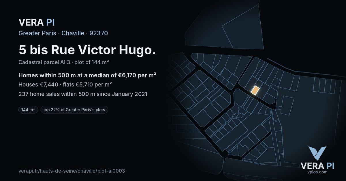 5 bis Rue Victor Hugo, Chaville at night – the plot lit, the parcels around coloured by the prices near them