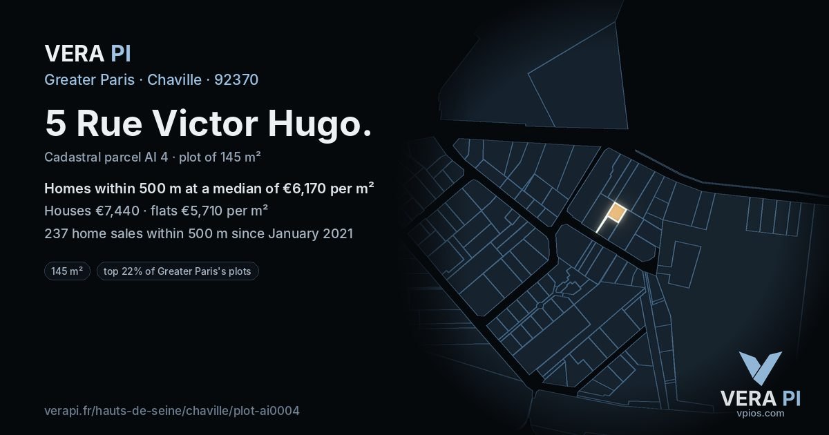 5 Rue Victor Hugo, Chaville at night – the plot lit, the parcels around coloured by the prices near them