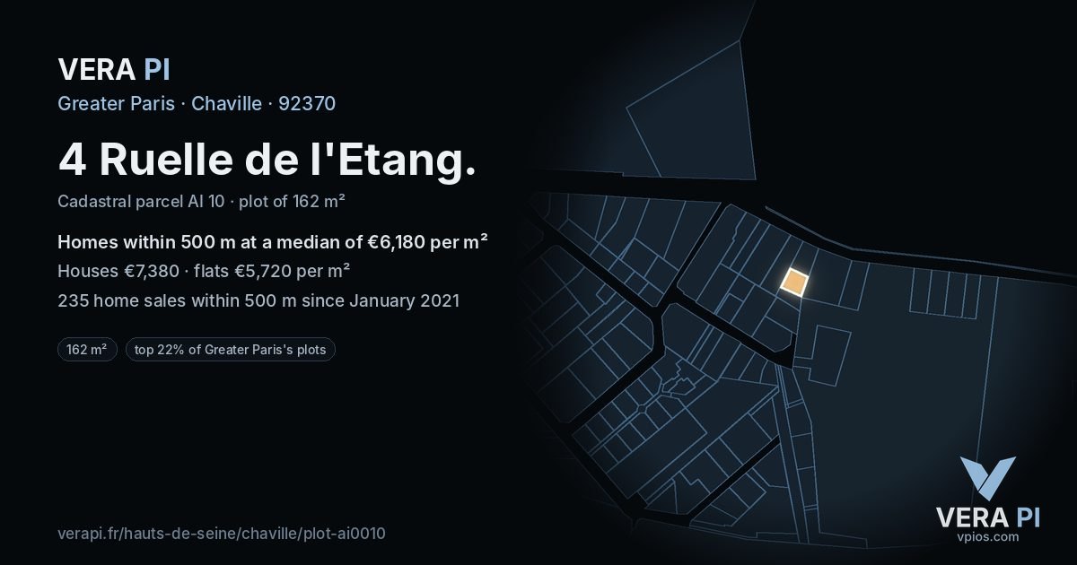 4 Ruelle de l'Etang, Chaville at night – the plot lit, the parcels around coloured by the prices near them