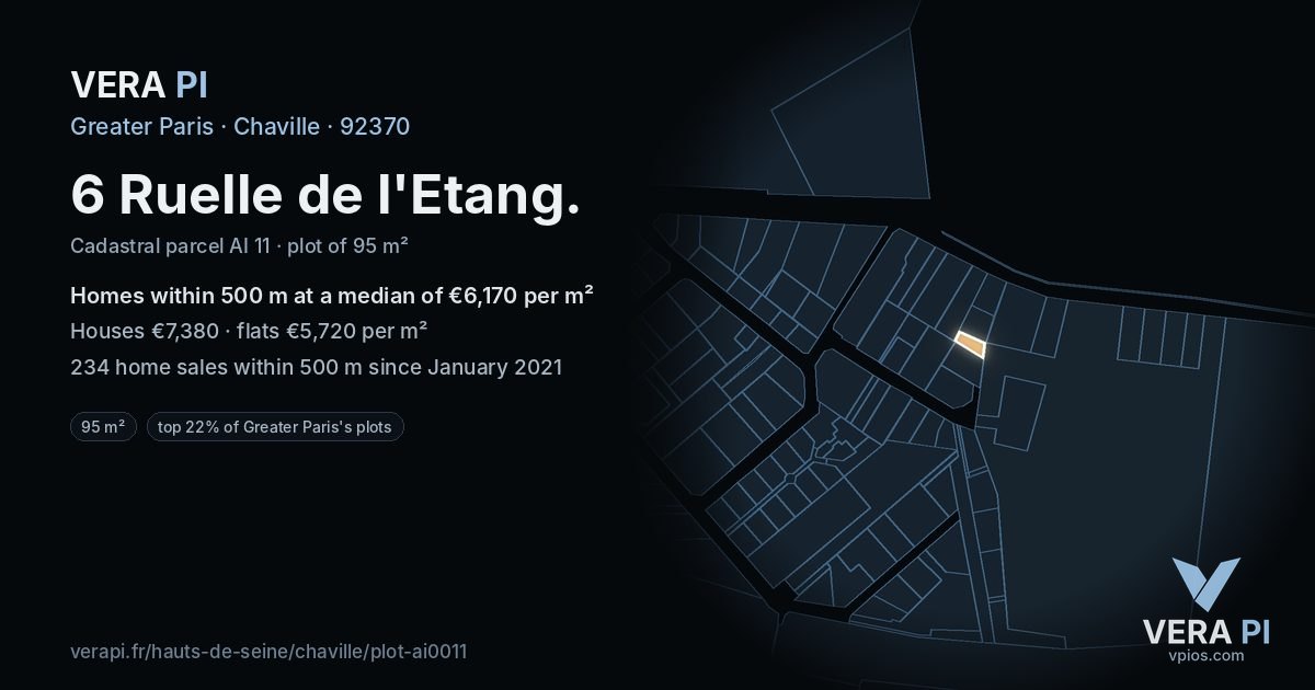 6 Ruelle de l'Etang, Chaville at night – the plot lit, the parcels around coloured by the prices near them