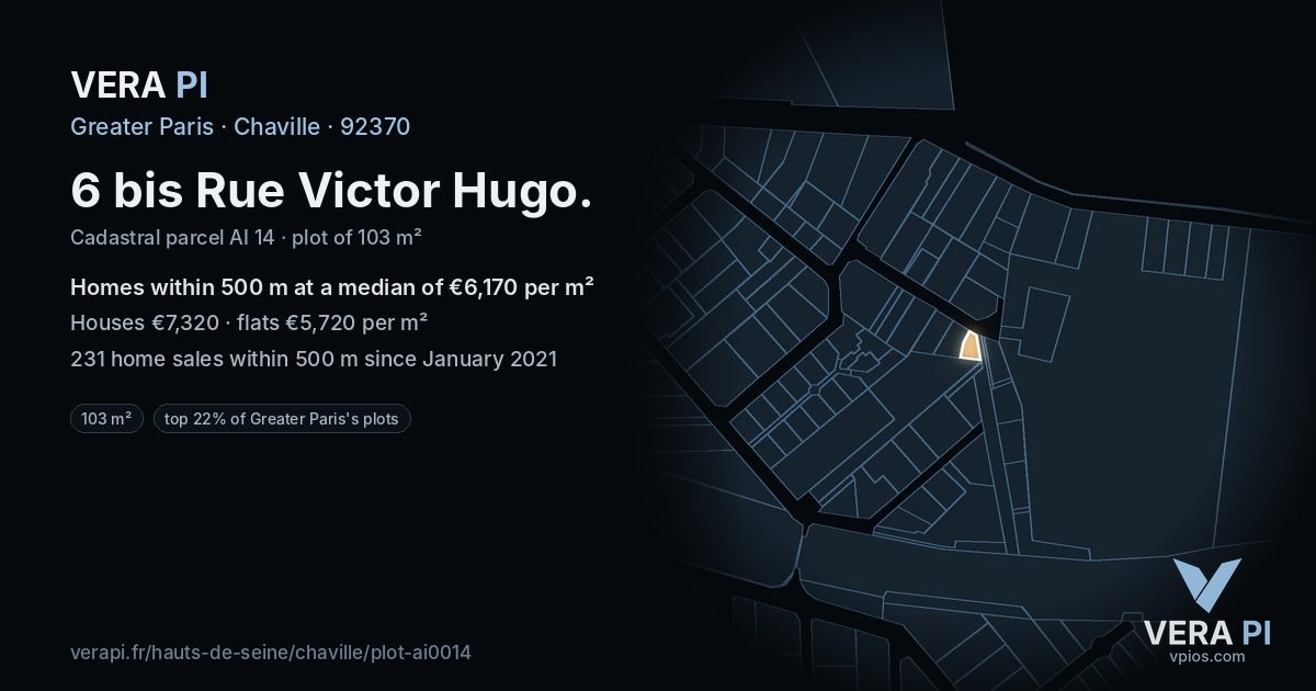 6 bis Rue Victor Hugo, Chaville at night – the plot lit, the parcels around coloured by the prices near them