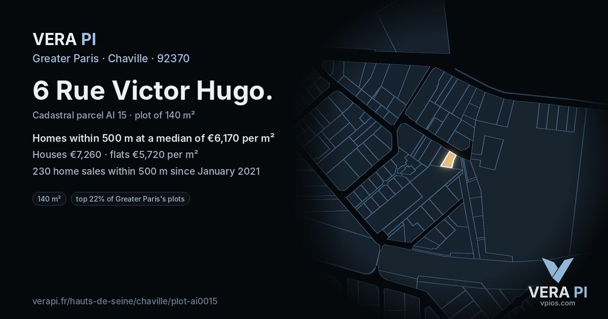 6 Rue Victor Hugo, Chaville at night – the plot lit, the parcels around coloured by the prices near them