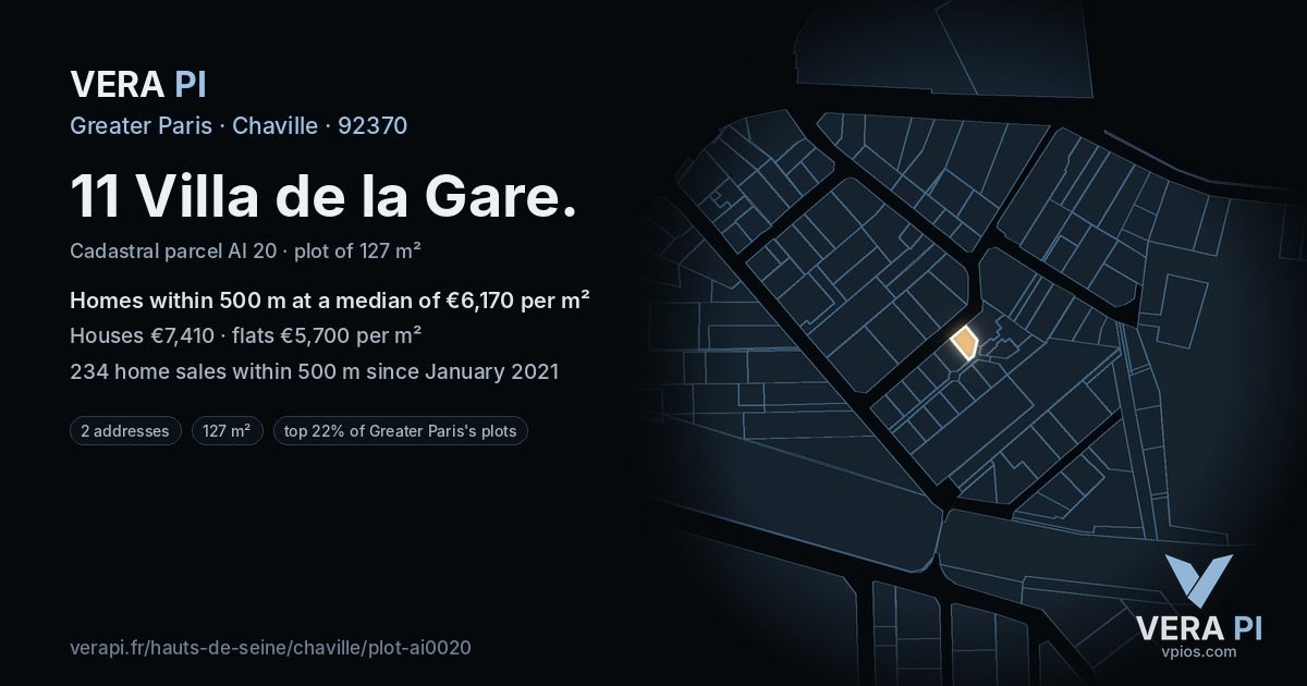 11 Villa de la Gare, Chaville at night – the plot lit, the parcels around coloured by the prices near them