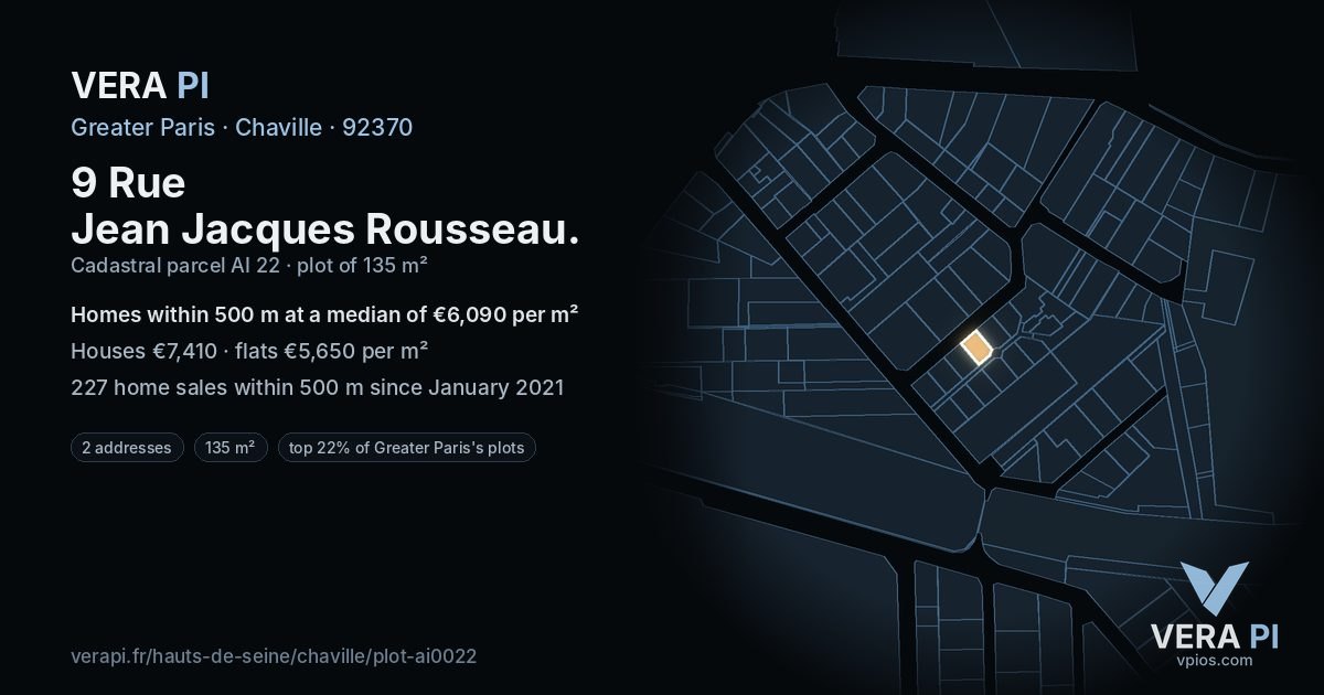 9 Rue Jean Jacques Rousseau, Chaville at night – the plot lit, the parcels around coloured by the prices near them