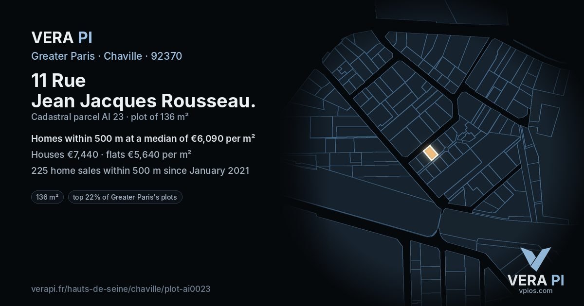 11 Rue Jean Jacques Rousseau, Chaville at night – the plot lit, the parcels around coloured by the prices near them